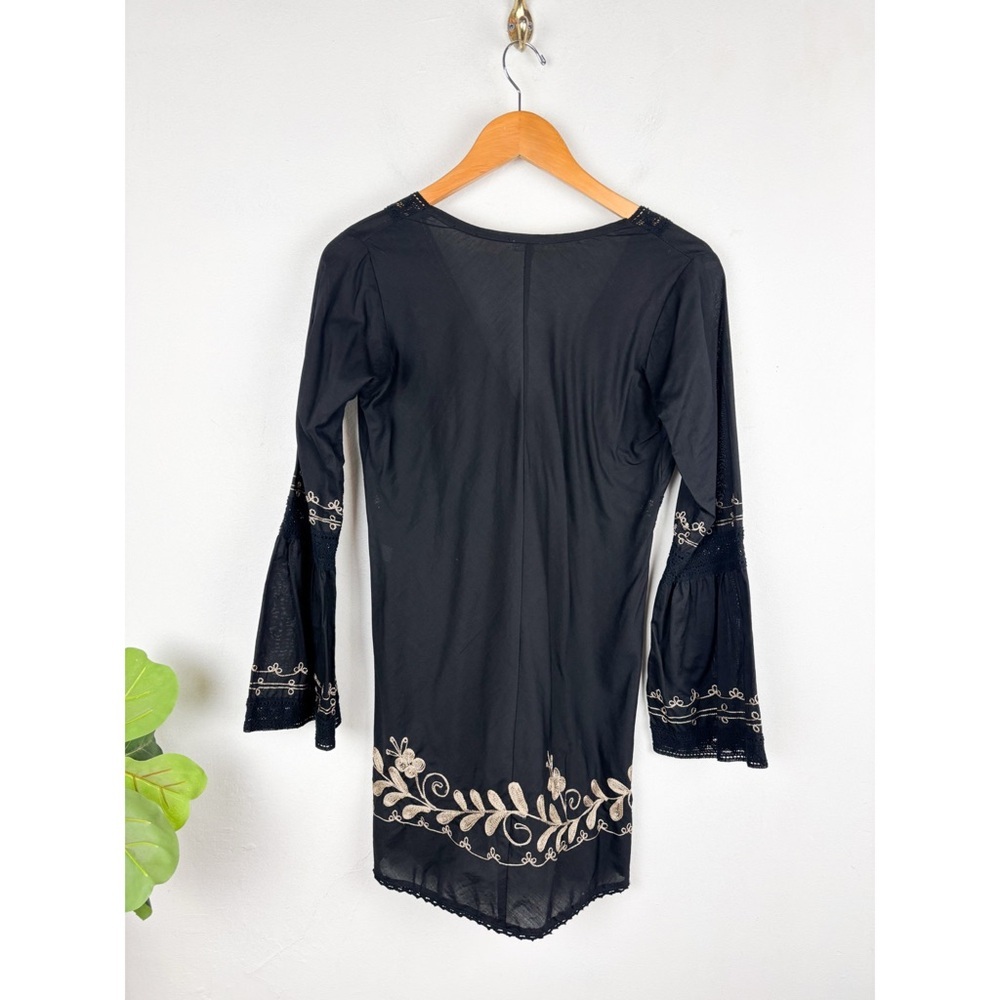 Debbie Katz Embroidered Black Flare Sleeve Mini Dress Sz S - Picture 2 of 8